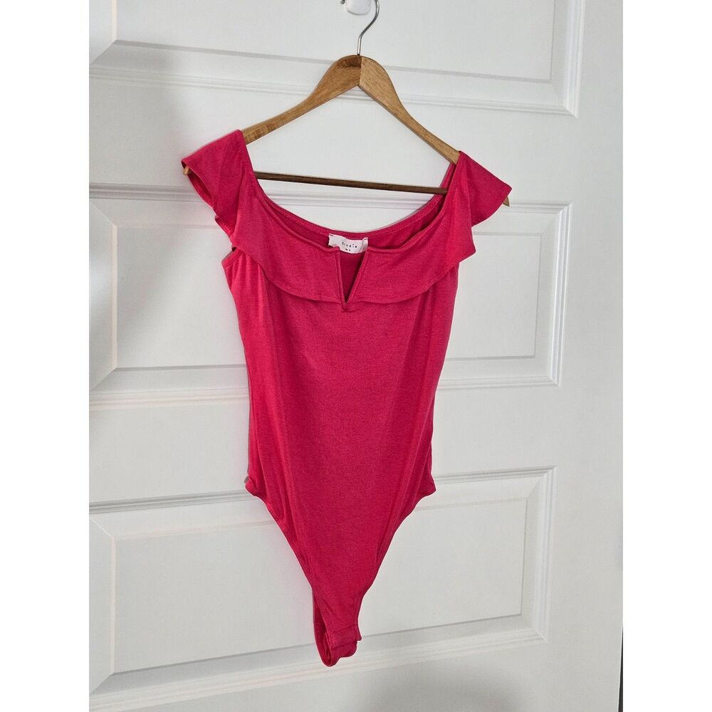Elodie Pink Fuschia Bodysuit Top Off The Shoulder Flutter Sleeve Small NWT